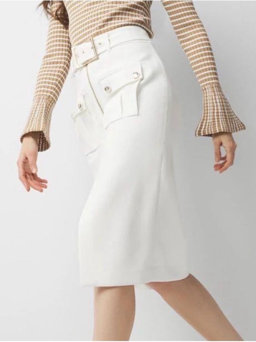 White House Black Market White Belted Pencil Skirt with Front Flap Pockets - Picture 3 of 5